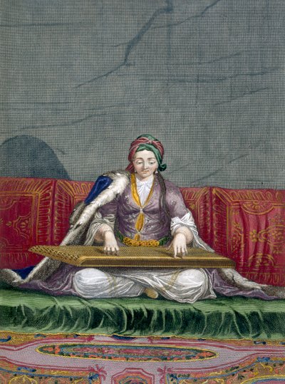 Turkish girl playing a keyboard plucking instrument, pub. 1707-08 by Charles de Ferriol