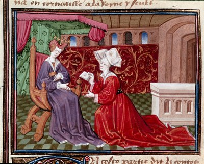 A handmaid wearing a letter to Queen Iseut (or Isult) Miniature taken from 