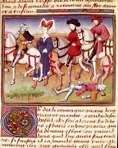 Queen Iseut is accompanied by riders. Miniature from 