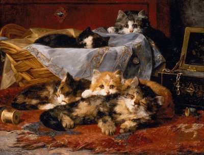 Kittens by a Sewing Basket by Charles van den Eycken