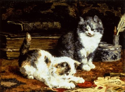 Two Kittens Playing on a Desk by Charles van den Eycken