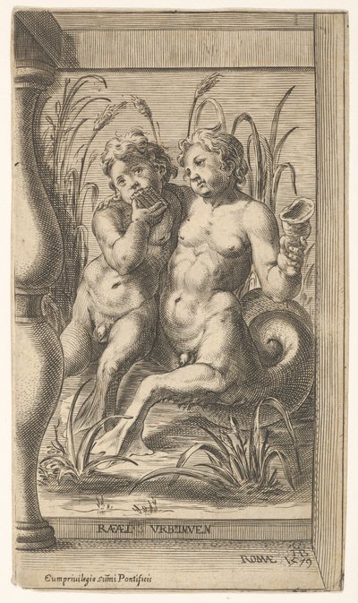 Two tritons embracing, one playing a panpipe, the second holding a conch shell set within, 1579 by Cherubino Alberti