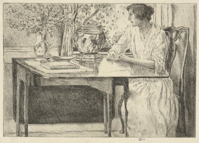 The Colonial Table (Holley House, Cos Cob) (recto); Landscape with Barn (verso) by Childe Hassam