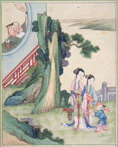 A man writing and his family by the side of a river by Chinese School