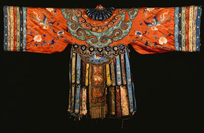 A red satin cloak, possibly a marriage cloak by Chinese School