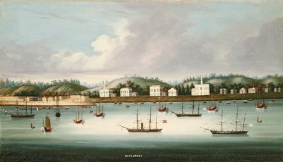 A View of Singapore from the Roads with American, French and British Shipping by Chinese School