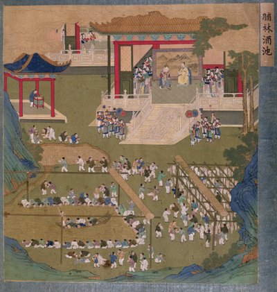 Ancient Chinese Emperor and Empress Holding Court Before Courtiers Boating in and Drinking from a Pond of Rice Wine and Helping Themselves to Flitches of Bacon by Chinese School
