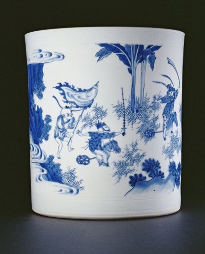 Blue and white brushpot painted with a lady and boys playing on hobbyhorses, Chongzheng, 1630-44 by Chinese School