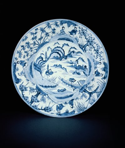 Blue and white dish painted with fishermen in a river scene, Tianqi or Chongzheng, 1620-30 by Chinese School