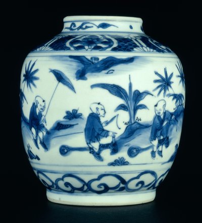 Blue and white jar painted with boys at play on hobbyhorses, Wanli or Chongzheng, 1600-30 by Chinese School