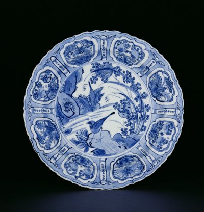 Blue and white kraak plate painted with birds in a landscape, Egret mark, Wanli, 1595-1605 by Chinese School