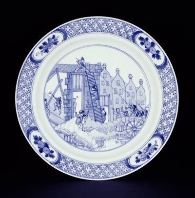 Blue and white plate depicting the Rotterdam Riots by Chinese School
