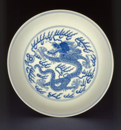 Blue and White Porcelain Dish Painted with a Dragon, Qianlong Mark and Period, 1736-1795 by Chinese School