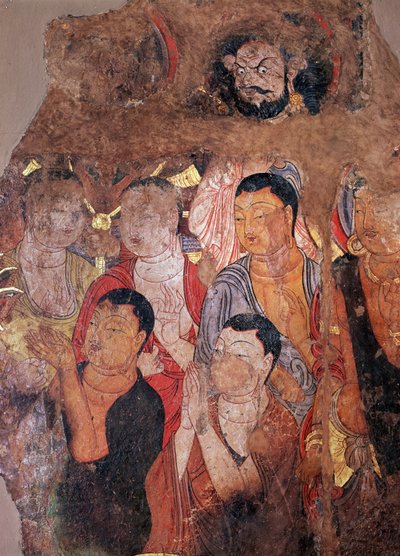 Buddhism: Group of Monks and Bodhisattvas (Fragment of an 8th-century fresco from the Chinese monastery of Shiksha) by Chinese School