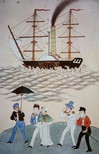 Chinese painting of the first British steamship and passengers to land at Canton c.1840 by Chinese School