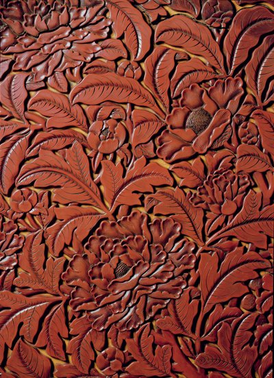 Detail from a carved dish bearing the mark of Xuande (1426-36) in the base, Chinese (detail) by Chinese School