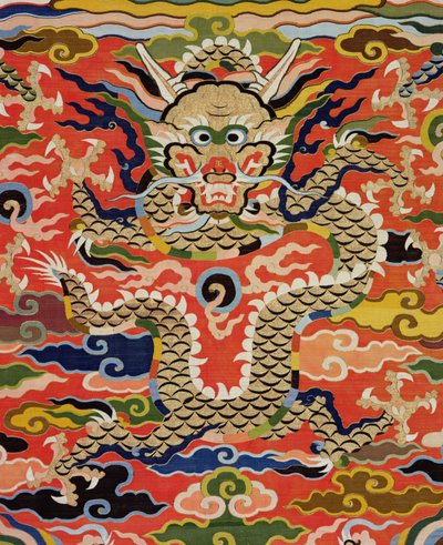 Detail from fabric depicting a five-dragon Kossu, Wanli period by Chinese School