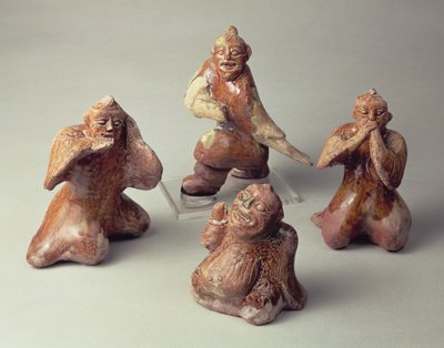 Early Chinese pottery group of four entertainers, tomb artefact, Han Dynasty, 25-220 AD by Chinese School