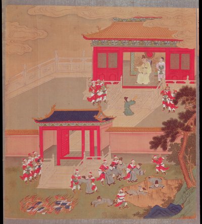 Emperor Chin Wang Ti (r.221-210 BC) Burning All Chinese Books and Throwing the Academics into a Deep Ravine, from a History of Chinese Emperors in 213 BC by Chinese School
