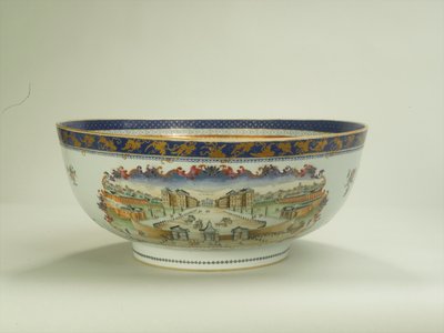 Famille rose punch bowl with oval foliate panel depicting the Foundling Hospital in the 1750s, Qianlong Period, c.1790 by Chinese School