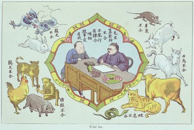 Fortune telling scene and signs of the Chinese zodiac, from Recherche sur les superstitions en Chine by Father Henri Dore, published in 1911 by Chinese School