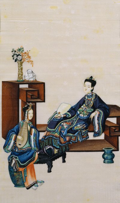 Lady Reclining with a Servant Playing a Musical Instrument by Chinese School