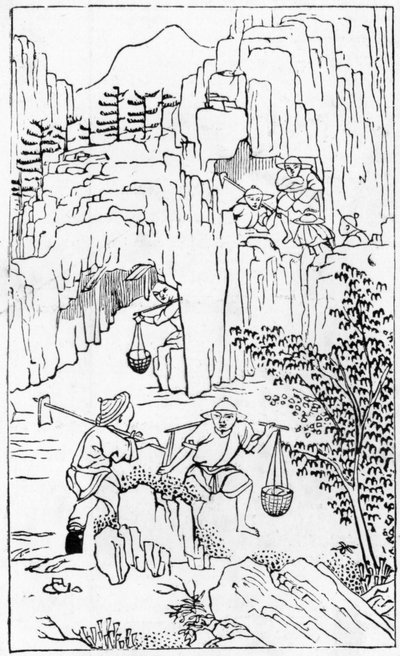 Mining for white clay, from a series of illustrations on the manufacture of china by Chinese School