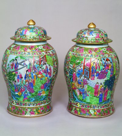 Pair of Canton famille rose baluster vases and domed covers, early 19th century by Chinese School