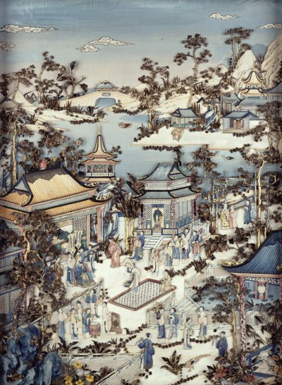 Panel depicting a dignitary with attendants watching a female dancer, Qianlong period, 1736-95 (one of a pair) by Chinese School