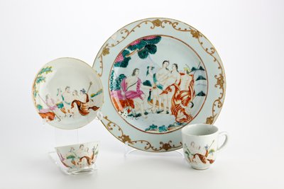 Plate, tea bowl, coffee cup and saucer decorated with representations of the Judgement of Paris by Chinese School