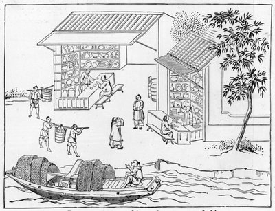 Porcelain shops and boats for transport of china, from a series of illustrations on the manufacture of china by Chinese School