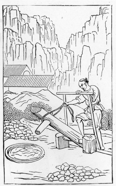 Pounding the clay, from a series of illustrations on the manufacture of china by Chinese School