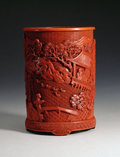 Red moulded brushpot depicting the famous calligrapher Wang Hsi-chih sitting in his pavilion retreat by Chinese School