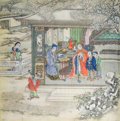 Scene in a garden with a family receiving visitors by Chinese School