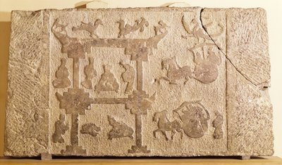 Slab decorated with carriages and mythical birds, Han Dynasty by Chinese School