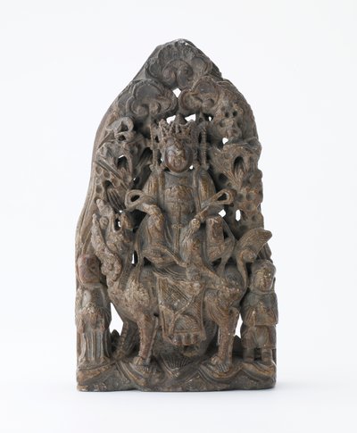 Small soapstone tablet, with pierced relief of Manjusri on lion, Period of Division, 543 AD by Chinese School