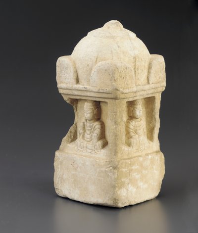 Small stupa, domed roof and Buddhist figures occupying recesses on all 4 faces, square pedestal, Period of Division, 557-581 by Chinese School