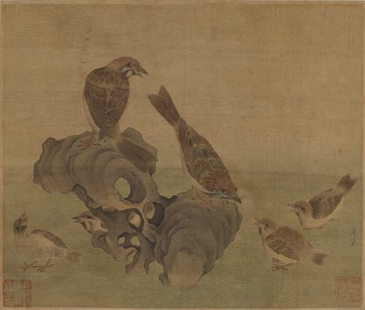 Sparrows feeding their young, Ming or Qing Dynasty by Chinese School