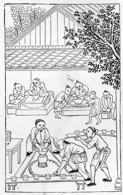 Turning cups, from a series of illustrations on the manufacture of china by Chinese School