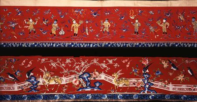 Two Chinese Horizontal Hangings of Red Wool, One Embroidered Predominantly in Shades of Blue Silks Depicting Boys at Play in Gilt Threads by Chinese School