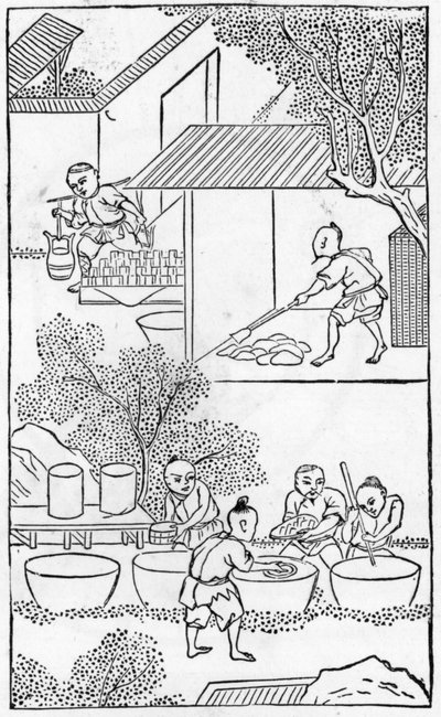 Washing the clay, from a series of illustrations on the manufacture of china by Chinese School