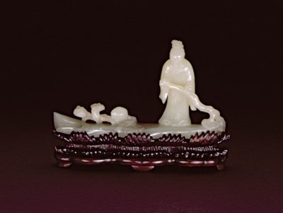 Zhang Qian standing on a log raft steering with a branch of lingzhi beside a branch of lingzhi and a peach by Chinese School