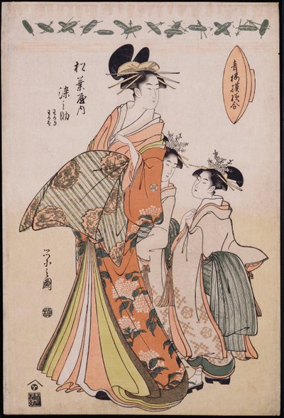Full-Length Portrait of the Courtesan Somenosuke with Two Kamuro by Chobunsai Eishi
