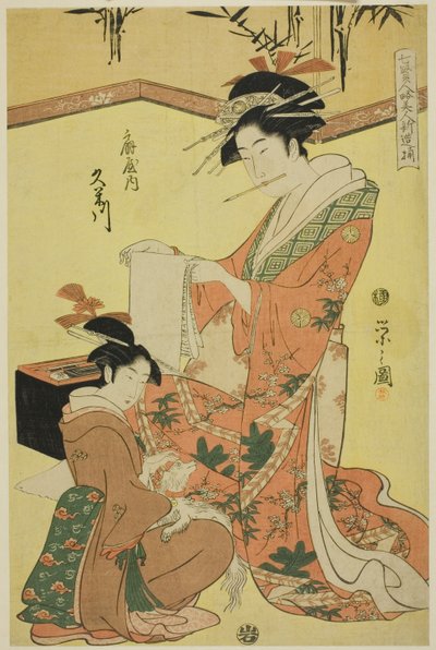 Beauties Parodying the Seven Sages - A Selection of Younger Courtesans (Shichi kenjin yatsushi bijin shinzo zoroe): Kumegawa of the Ogiya by Chobunsai Eishi