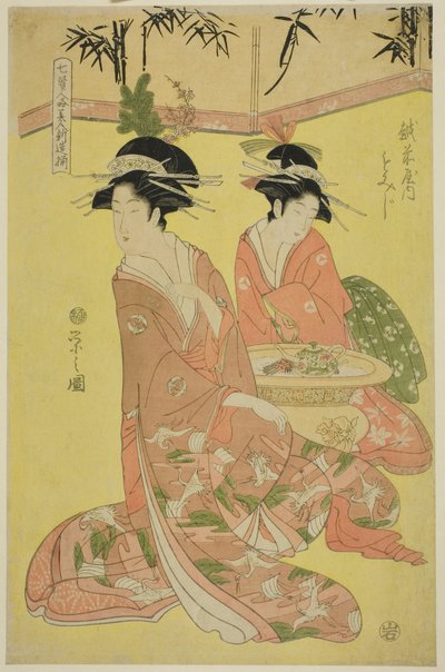 Beauties Parodying the Seven Sages - A Selection of Younger Courtesans: Momiji of the Echizenya by Chobunsai Eishi