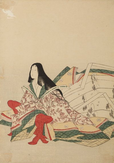 Lady-in-waiting Sitting, Leaning on a Kyosoku, Plate from Album: Thirty-Six Poetesses / Nishiki-zuri onna rokkasen e-zukushi by Chobunsai Eishi