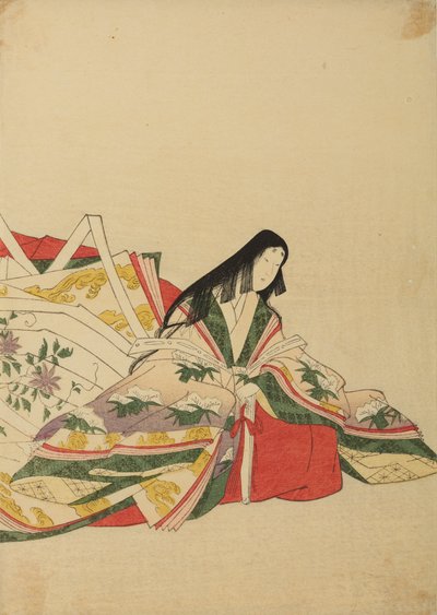 Court Lady Sitting, Leaning on a Fan, Plate from Album: Nishiki-zuri onna sanju rokkasen e-zukushi by Chobunsai Eishi