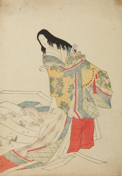 Standing court lady with a fan, plate from the album: Nishiki-zuri onna sanju e-zukushi by Chobunsai Eishi