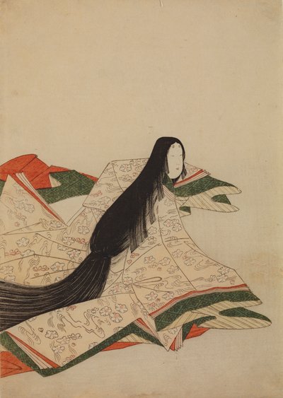Lady-in-waiting in a Pink Kimono with Cherry Blossom Pattern on Waves, Plate from Album: Thirty-six Female Poets by Chobunsai Eishi