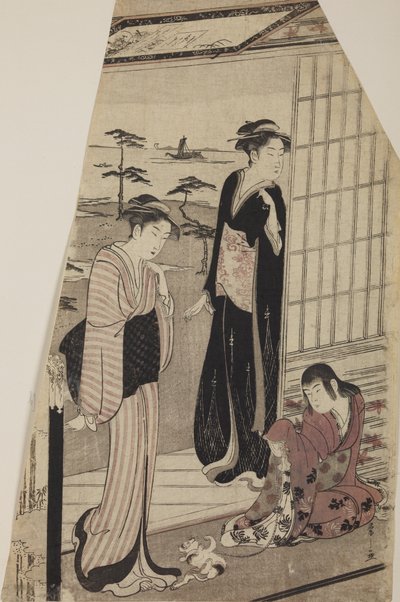 Two Women and a Girl with a Kitten on the Doorstep by Chobunsai Eishi
